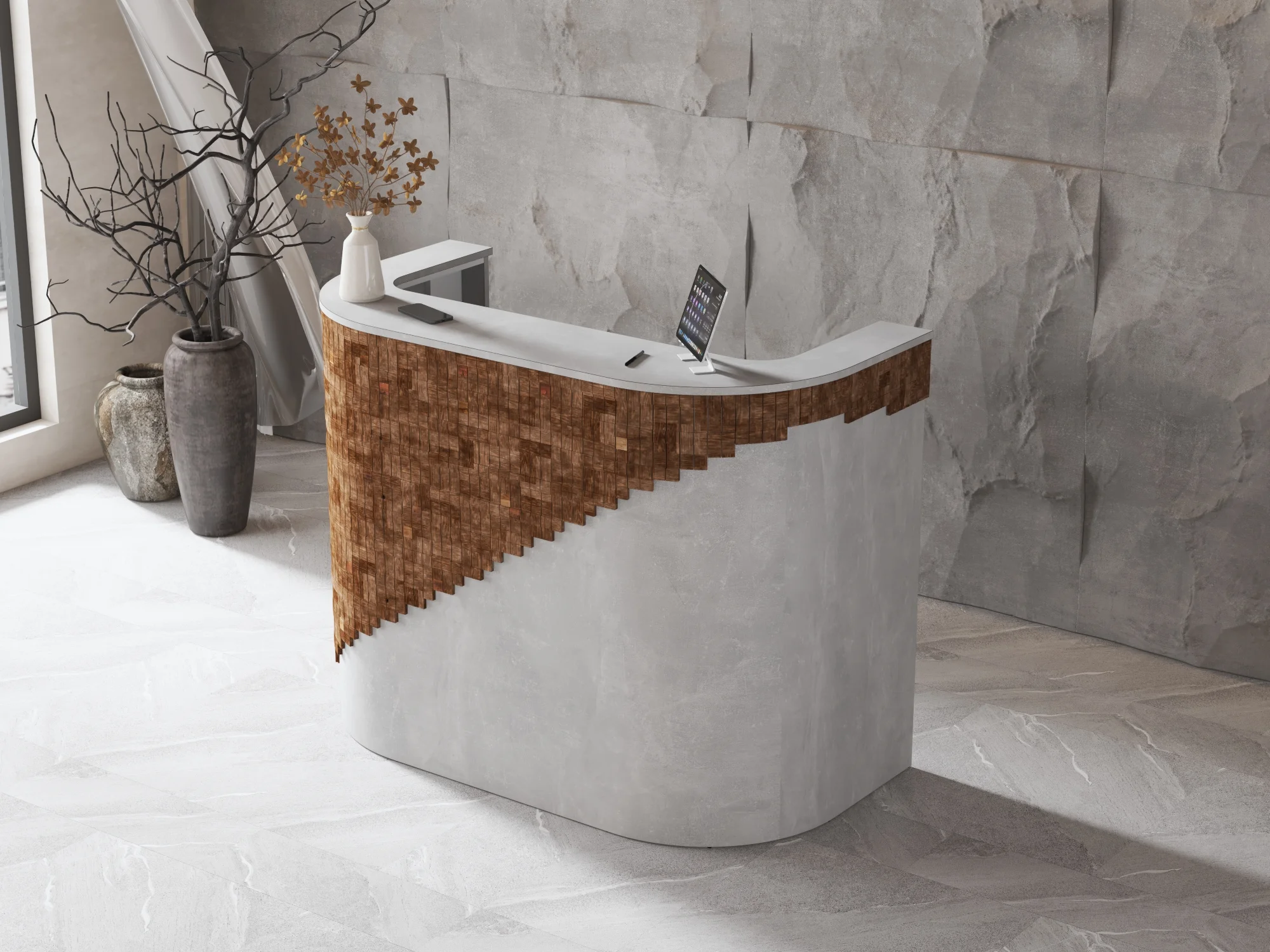 Recepcja z drewnianymi dekorami